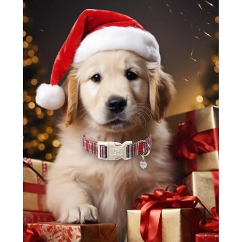 Image of Christmas Plaid Dog Collar, Red and Blue Check Adjustable Pet Collar with Quick Release, Christmas Stripes Collar for Small Medium Large Dogs M