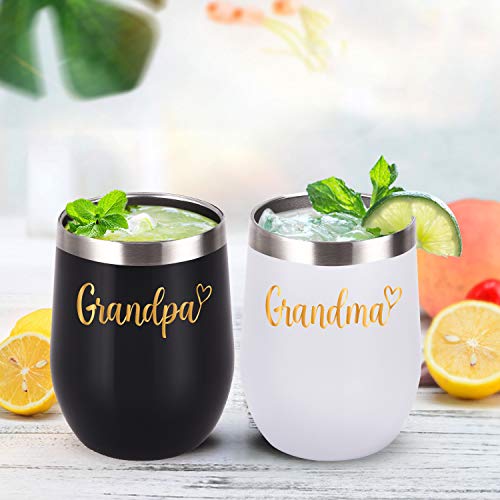 Cpskup Grandparents Christmas Gifts, Grandpa And Grandma Wine Tumbler Set With Lid, Stemless Insulated Stainless Steel Tumbler For Grandpa And Grandma From Grandkids Grandchildren(12Oz, Black&White) #TOP4