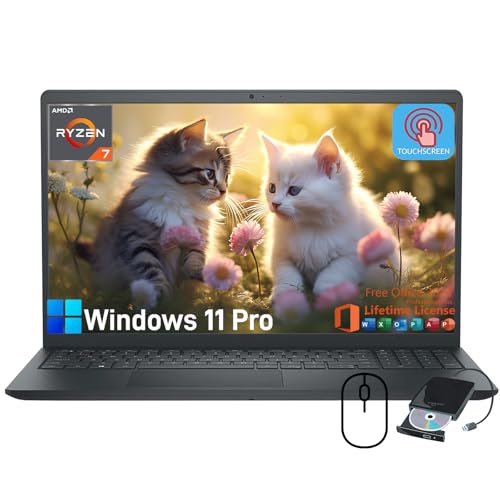 Dell Inspiron 15.6″ Touchscreen Laptop – Business & Student Laptop Computer, with Office Lifetime & Win 11 Pro, AMD Ryzen 7 7730U, External DVD Drive, WVA LED FHD Anti-Glare Display, 64GB RAM, 2TB SSD