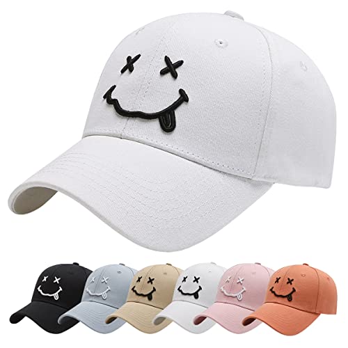 Baynetin Gorra de béisbol para Hombre,Unisex Algodón Ajustable de 6 Paneles Casual Deportes de Sombrero, 3D Carta Smiling Bordado Moda Gorro (Blanco)