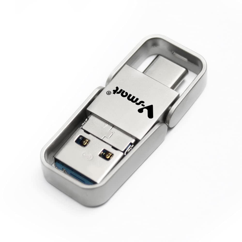 V-smart TC-302 USB 3.0 Type C Flash Drive | 3 in 1 USB C, USB A, Micro USB| High Speed OTG Flash Drive for Smartphone, Tablets, New MacBook (Matte Silver 128GB)