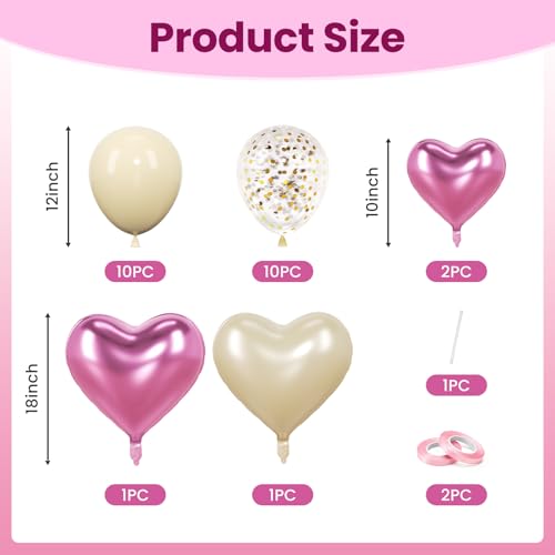 Image of Pink & Cream White Heart Balloons Party Decorations, Heart Shaped Foil and Latex Balloon Decorations Set for Girls Women Happy Birthday Party, Baby Shower, Valentines, Wedding, Engagement, Anniversary