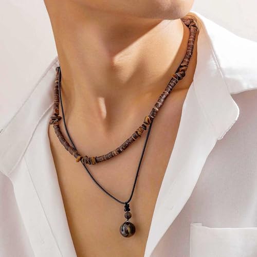 Layered Puka Shell Necklace for Men Brown Coconut Wood Beads Necklace Boho Mens Summer Necklace Surfer Beach Necklace Jewelry3