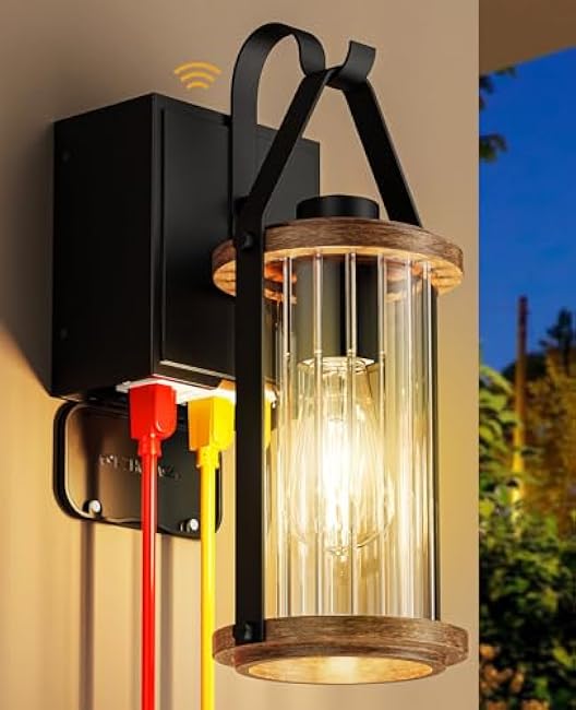 Porch Light with Outlet GFCI Dusk to Dawn Outdoor Lights 1 Pack for House Waterproof Exterior Lighting Fixtures Wood Glass Front Porch Garage Black