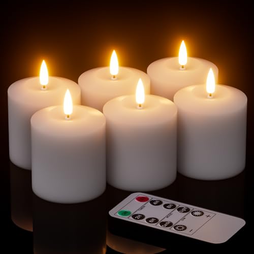 Image of GenSwin Flameless Pillar Candles Flickering with Remote Timer, Battery Operated Real Wax LED Votive 3D Wick Candles 6 Pack White(Battery Include, 2 x 3.2 Inch)
