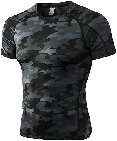 CICI FIVE Men's Compression Shirt Short Sleeve Athletic Compression Tops Cool Dry Undershirts Baselayer Gym Workout T Shirt Camo Black