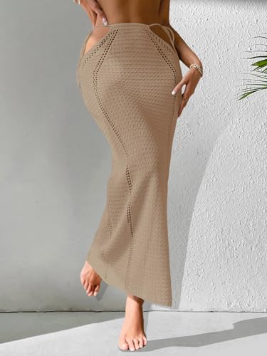 Womens Crochet Knit Slim Fit Beach Sarong Summer 2025 Waist Tie Hollow Out Bathing Suit Cover Up Maxi Skirt4