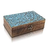 Great Birthday Gift Handmade Decorative Wooden Jewelry Box With Tree Of Life Carving Jewelry Organizer Keepsake Box Treasure Chest Trinket Holder Watch Box Storage Box Housewarming Gifts (Blue)