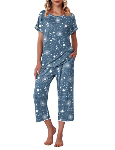 Image of Ekouaer Women's Capri Pajama Sets Print Short Sleeve Sleepwear Top and Capri Pants Soft Loungewear with Pocket