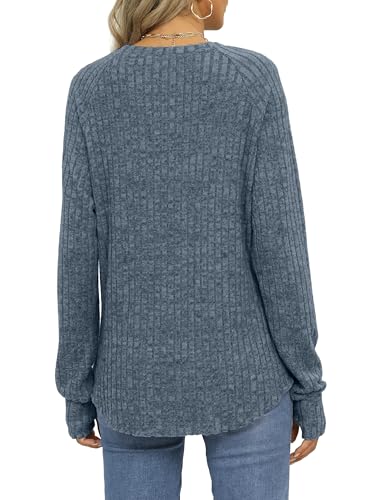 Image of Saloogoe Women's Long Sleeve Top Crewneck Basic Lightweight Fall Shirt with Thumb Hole