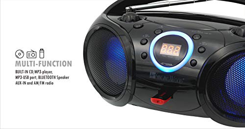 SINGING WOOD, CD Player Boombox, CD/CD-R/CD-RW, Portable w/Bluetooth, USB, AM/FM Radio, Aux Line-Input, Headset Jack, Foldable Carrying Handle and LED Light (Phantom Black) - Thumbnail 4