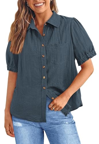PRETTYGARDEN Womens Button Down V Neck Shirts Short Sleeve Office Casual Business Plain Blouses Tops with Pockets (Navy, Medium)
