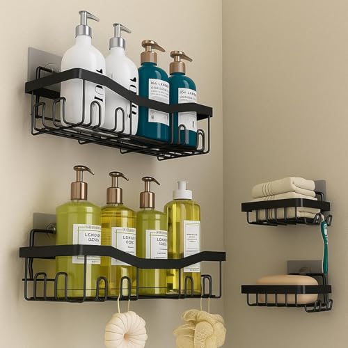 Image of Self Adhesive Bathroom Shelf Combo Pack of 4 | No Drill Metal Bathroom Organizer Set | Rust Proof Wall Mounted Storage Shelves with Soap Holder & Multipurpose