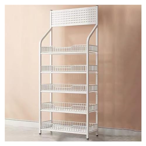 5 Tiers Snack Shelf Rack for Stores, Supermarket Chip Display Rack, Concession Candy Organizer for Floor, Metal Storage Shelf Stand for Snacks/Fruits/Tools(White,50 * 27 * 165cm)