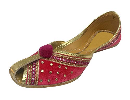 Step n Style Women Velvet & Leather Khussa Shoes Punjabi Jutti Indian Handmade Ballet (10) Pink