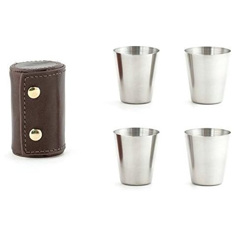 KIKKERLAND BA59 Shot Glasses with Leather CASE, Stainless Steel, Brown, 5 Piece Set Cover