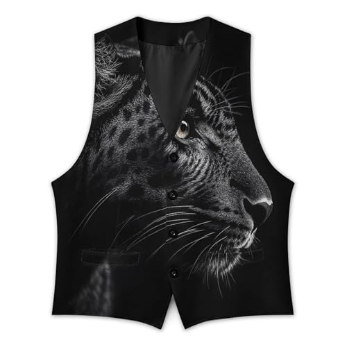 Close-up of Black Leopard Men's Suit Vest Slim Fit V-Ncek Waistcoat Business Casual Vest3