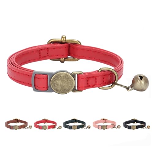 THAIN Leather Cat Collar with Bell Breakaway- Adjustable, Durable, Retro Bell fit Most Cats and Kittens (Red)