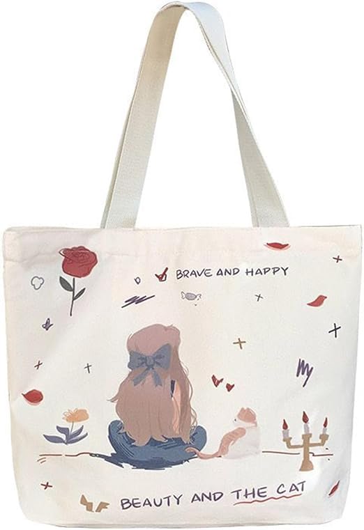 Beauty and The Cat Canvas Tote Bag for Women Girls, Reusable Shopping Shoulder Bag, Casual Printed Handbag For School Office Outing-image-31