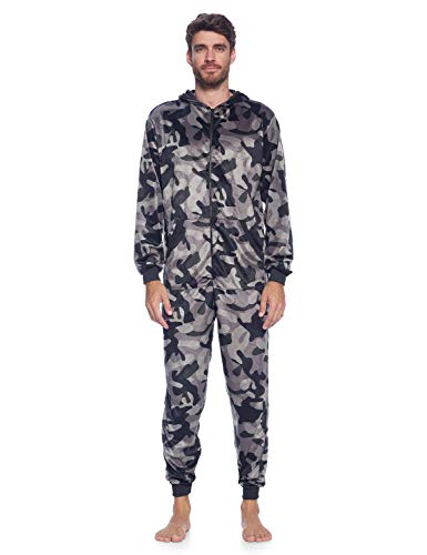 Ashford & Brooks Men's Adult Mink Fleece Hooded One-Piece Union Suit Pajamas - Black/Camouflage - X-Large