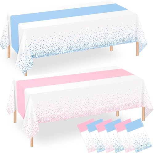 Image of WNINK 6 Pack Pink and Blue Tablecloths, Gender Reveal Disposable Plastic Waterproof Table Cover for Boy or Girl Gender Reveal Party, Baby Shower, Birthday Party Decorations 54 inch x 108 inch
