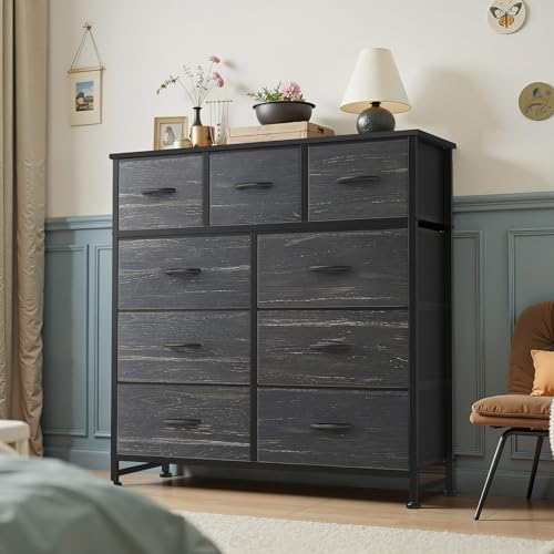 Image of OLIXIS 9 Drawer Storage Dresser with Wood Top - Wide Fabric Chest Organizer for Bedroom, Closet, Living Room,Tower Cabinet, TV Stand, Hallway Entryway Furniture,Black Wood Grain