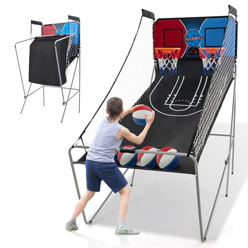 GOPLUS Canasta de Baloncesto Plegable, Máquina de Tiro Portátil, Baloncesto Arcade con 8 Modos de Juego, 4 Pelotas, 2 Cestas, Bomba, Marcador Electrónico, para Niños y Adultos (Rojo+Azul)