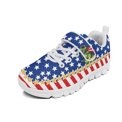 Kids Shoes, Boys Girls Sneakers Lightweight Athletic Walking/Running Tennis Shoes(Little Kid/Big Kid) America Flag Dinosaur Pattern White Sole