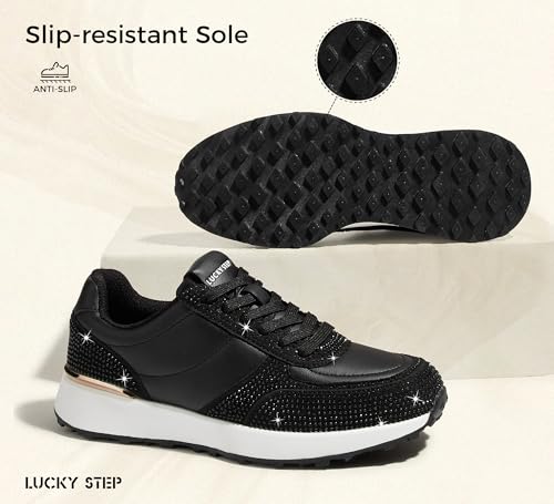 LUCKY STEP Women's Fashion Casual Sneakers Platform Rhinestone Retro Trendy Tennis Travel Walking Shoes Anti-Slip Comfortable Lace-up Footwear4