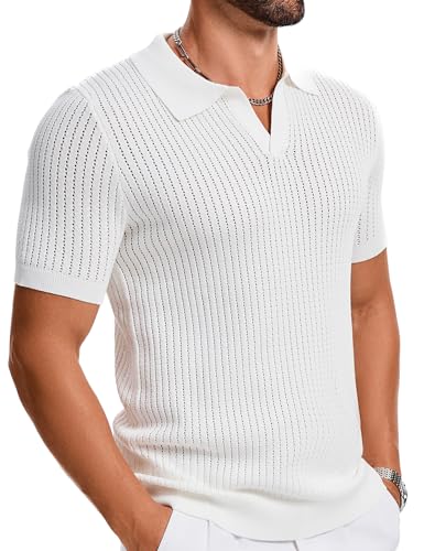 Mens Polo Shirts Ribbed Hollow Knit Polo Shirt Short Sleeve Muscle V Neck Golf Tees4