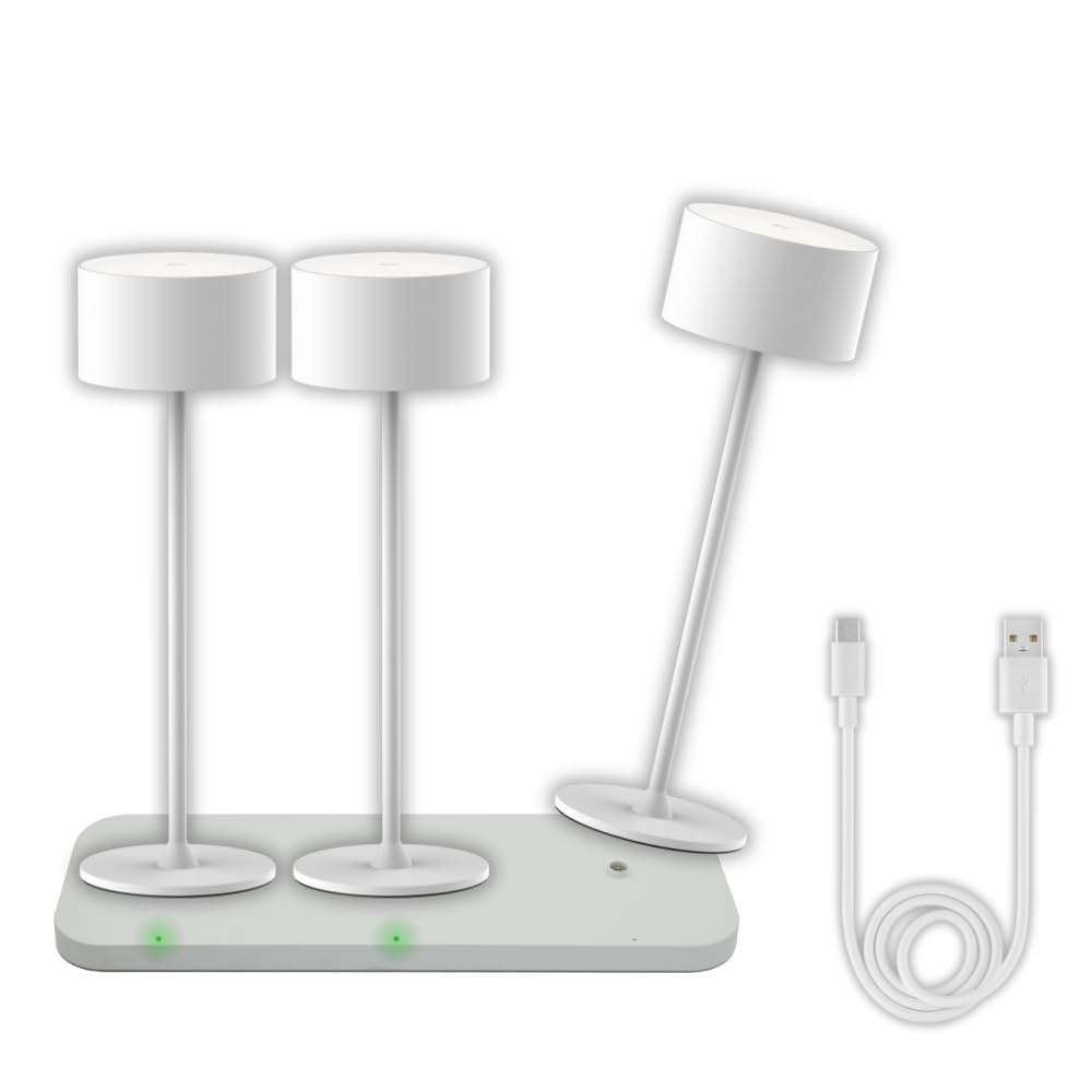 3x LED Akku Tischlampe kabellos mit Ladestation und Touch, Dimmbar, Warmweiß Neutralweiß Kaltweiß einstellbar - IP44 Tischleuchte Outdoor wiederaufladbar, Nachttischlampe, weiß