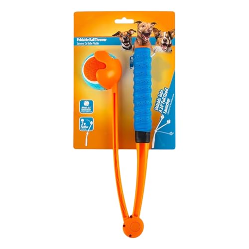 Qusinfc Lanzador plegable para perros con cuentas de tenis, mango ergonómico antideslizante para entrenamiento al aire libre y fácil almacenamiento (25 pulgadas) lanzador de perros