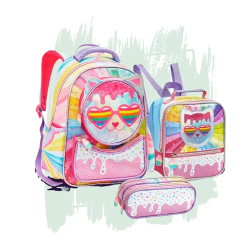Kit Escolar Infantil Menina Genérico 3 Divisórias Gatinha Smile Unicornio Com Lancheira e Estojo
