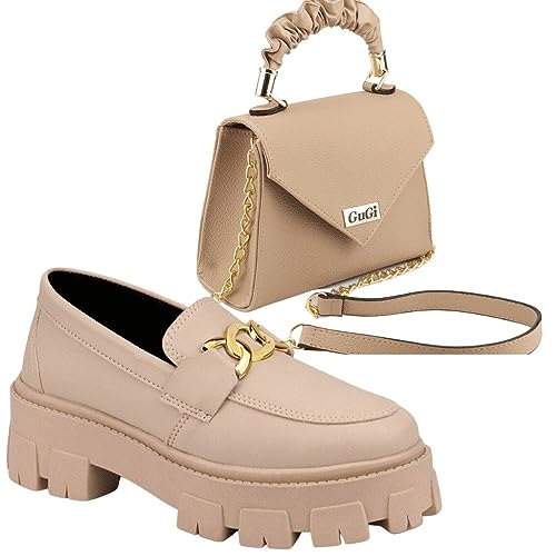 Kit Mocassim Blogueira e Bolsa Transversal Feminino Tratorado Com Solado Alto Leve Sapato GuGi Plata