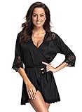FanShou Women Short Silk Kimono Robe Lace Trim Satin Sleepwear Bridesmaids (Medium/Asia tag X-Large, Black)