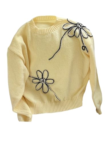 OYOANGLE Women's 3D Floral Crewneck Sweater Long Sleeve Drop Shoulder Pullover Cute Sweaters Knitwear