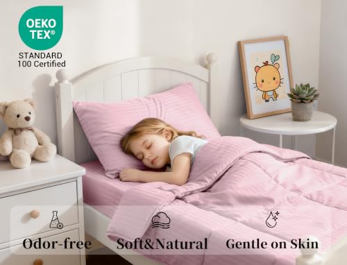 Image of ZPECC Toddler Bedding Set - 4 Piece Hypoallergenic Baby Crib Bedding Set for Boys and Girls, Includes Toddler Comforter, Flat Sheet, Fitted Sheet and Pillowcase, Pink Stripe