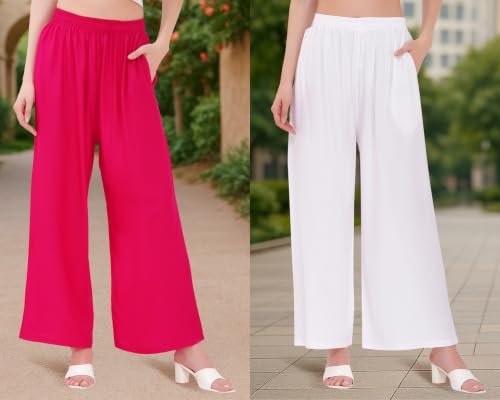 Image of Buy That Trendz Palazzo Pants for Women Rayon Elasticated Regular Fit Flared Wide Leg M to 6XL Pack of 2