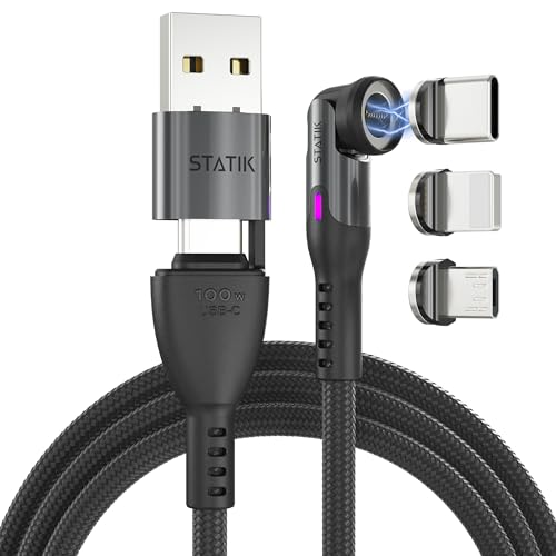 Ya en manzanajugosa.com: Statik Cable de carga magnético 360 Pro - Cable de carga rápida USB C magnético de 100 W, cable de carga magnético compatible con dispositivos Apple, USB-C, micro USB, adaptador USB-A, negro de 3