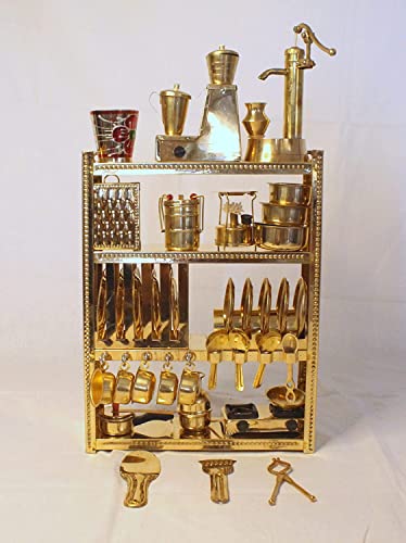 Tirtha Enterprises Handcrafted Brass Miniature Kitchen Set/Bhatukali/Toy Set/Home Decor/choppu Jaman/Real Cooking Kit for Play with Brass Stand (Gold 6)