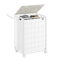 SONGMICS Laundry Hamper, 90L Laundry Basket with Lid, Clothes Hamper with Wheels, Collapsible Removable Liner Bag, Iron-Made Laundry Sorter, Cloud White ULCB290W01