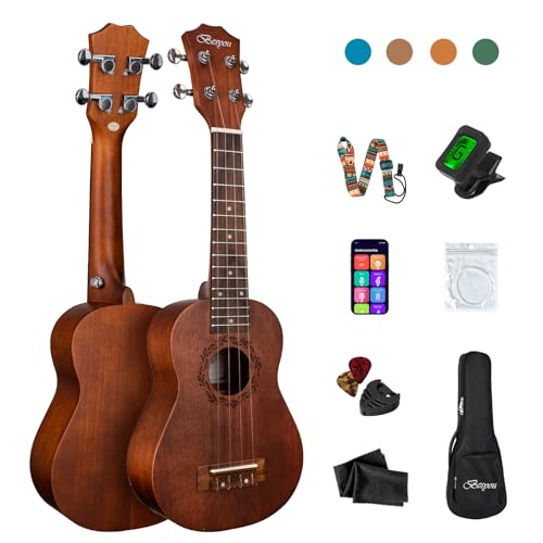 Besyou 21 Inches Ukulele Beginner Kids Adult Student Travel Wooden Soprano Mahogany Ukelele Kits with Tuner Gig Bag Strap Carbon Nylon String Picks Cloth Gift Choice (Brown)
