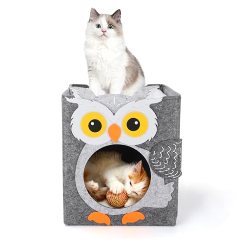 Dripex Katzenhöhle 2 Etagen Katzenhaus aus Filz inkl. Kissen Kuschelhöhle für Mietze Katzen zum Schlafen, Verstecken und Toben 30 x 35 x 35 cm...