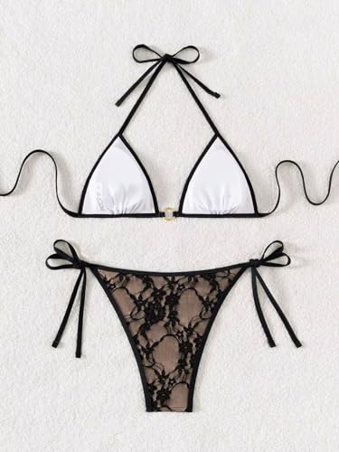 Women's Floral Lace Sexy Bathing Suit Ring Halter Summer Swimsuit Bikini Set2