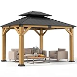 Jocoevol 10' X 12' Wood Gazebo Hardtop Outdoor Permanent Pavilion with Double Galvanized Steel Roof Snow Support, Wind Resistance for Backyard Garden, Lawns, Patio