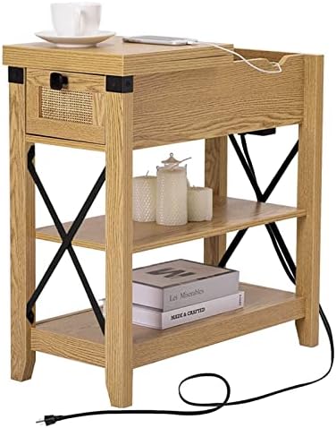 Awescuti Narrow End Table with Charging Station Farmhouse Slim Side Table w/USB Ports Power Outlets, Rattan Nightstand w/Flip Top Storage Drawer, for Small Spaces Living Room Bedroom, Oak Color