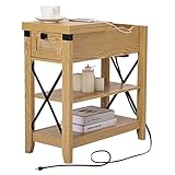 Awescuti Narrow End Table with Charging Station Farmhouse Slim Side Table w/USB Ports Power Outlets,