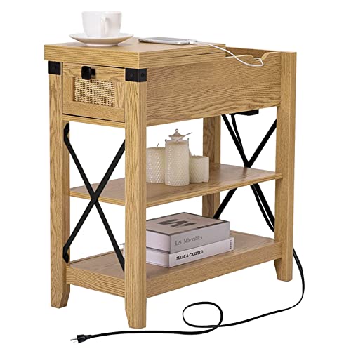 Awescuti Narrow End Table With Charging Station Farmhouse Slim Side Table W/Usb Ports Power Outlets, Rattan Nightstand W/Flip Top Storage Drawer, For Small Spaces Living Room Bedroom, Oak Color #TOP5