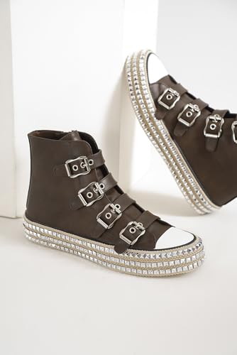 Womens Buckle High-Top Canvas Sneakers Studded Rhinestone Side Shoes Buckle Fashion Shoes Casual Platform Boots3