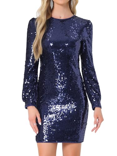 Image of Allegra K Sequin Dress for Women Party Cocktail Lantern Long Sleeve Sparkly Glitter Disco Outfits Bodycon Mini Dresses